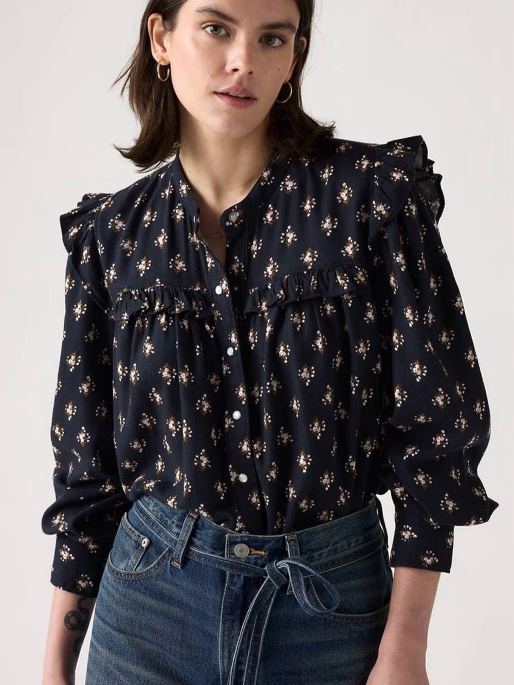 Navy Floral Ruffle Snap Button Blouse